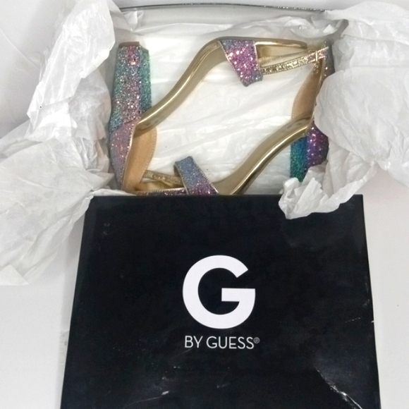Guess Shoes - NEW! Sparkling GUESS Block High Heel OPEN TOE Shoes Metallic FORMAL PROM…